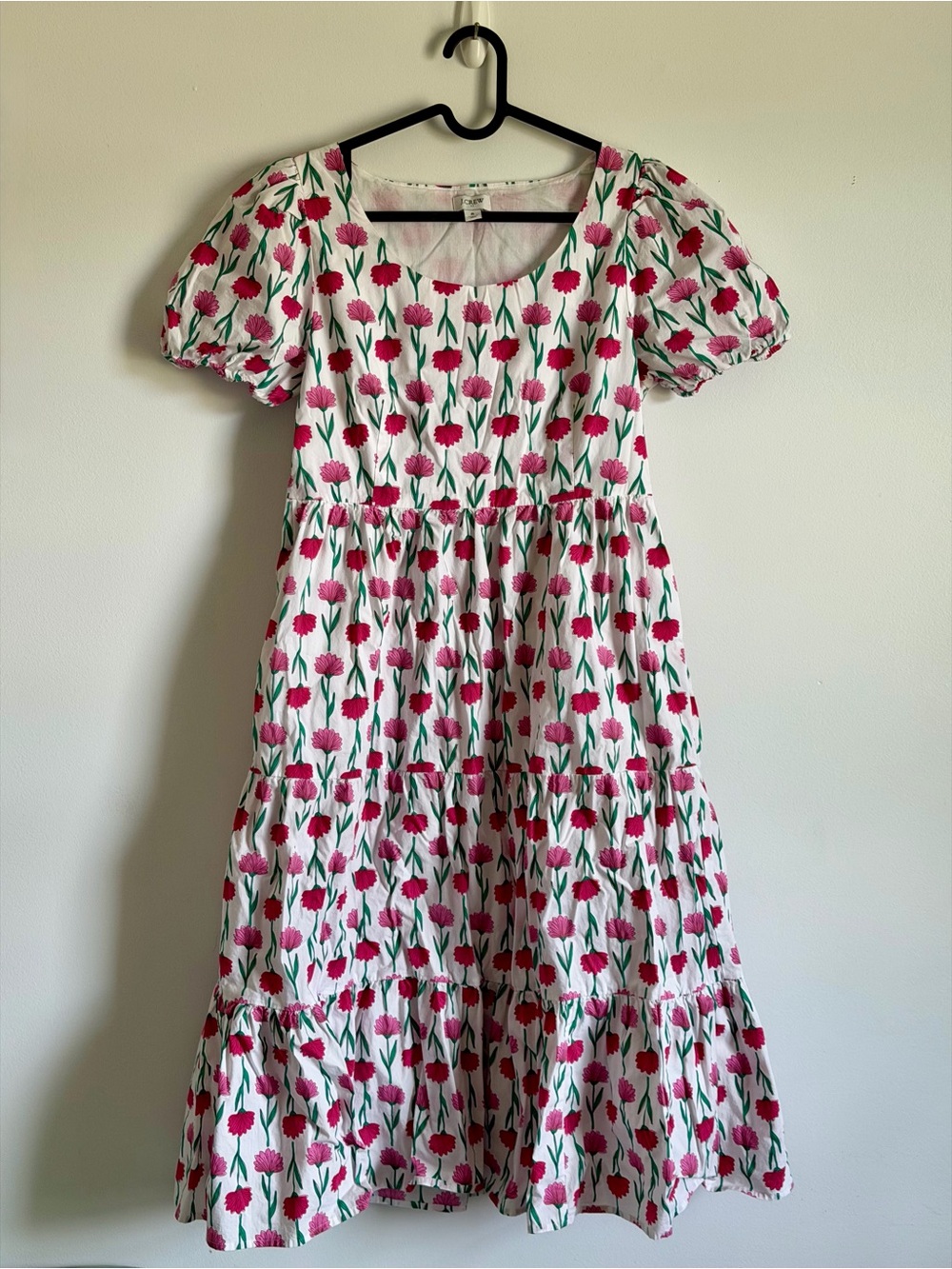 J. Crew White Floral Tiered Puff-Sleeve Midi Dress